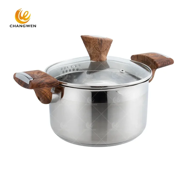 stainless steel cookware with lockable wood handle