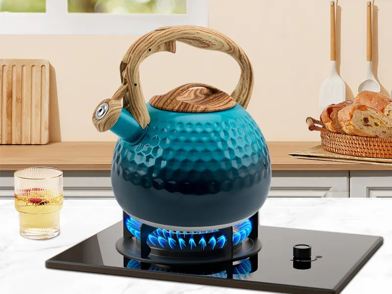 3l blue hammer wood grain handle stainless steel whistling kettle